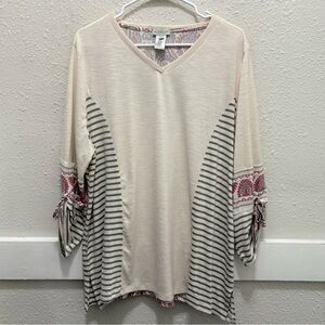 Multiples Cream Multi Print Tied 3/4 Sleeve V-Neck Top Size 0X